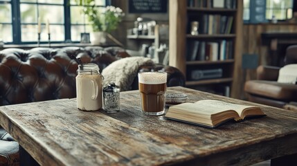 Coffee Break with Old Book on Wooden Table in Cozy Interior, Relaxing Still Life