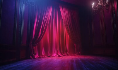 Luxurious red curtain glowing under soft stage lighting, creating a dramatic and theatrical atmosphere