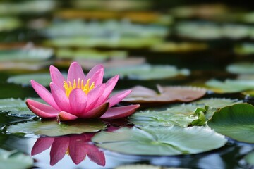 Serene Lilypad Blooms: Delicate Pink Flowers Adorning a Tranquil Duck Pond in Nature