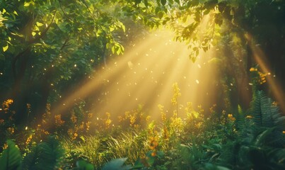 Obraz premium Magical forest scene with sunlight streaming through tall trees, creating golden rays and highlighting the lush green surroundings