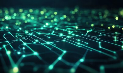 Majestic glowing circuit grid in vibrant green tones, with lines forming intricate digital patterns against a dark technological backdrop