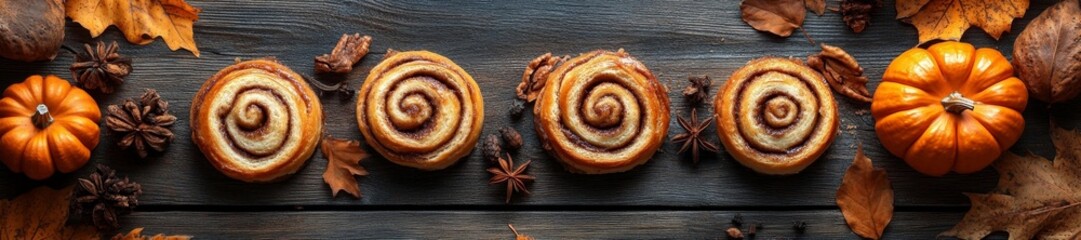 Fototapeta premium Autumn Inspired Cinnamon Rolls with Seasonal Decorations on Wooden Table. Generative AI