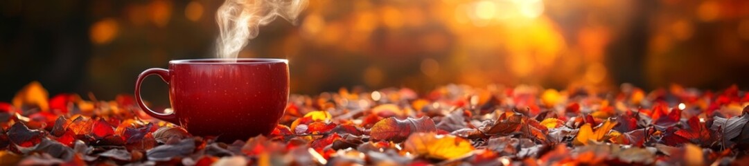 A Cozy Autumn Scene with a Hot Drink and Colorful Fall Foliage. Generative AI