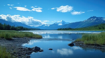 Fototapeta premium Scenic Landscape of Anchorage, Alaska: A Majestic Blend of Glaciers, Lakes, and Serene Waterways Under a Vast Sky