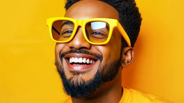 Vibrant portrait of a cheerful person in yellow glasses against a matching background, exuding positivity and style.