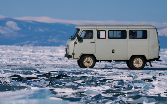 UAZ Van Crossing the Frozen Baikal