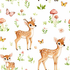 Naklejka premium Charming woodland creatures create a whimsical seamless pattern of deer and butterflies. Seamless pattern. Generative AI