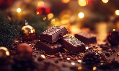 Minimalist chocolate pieces glowing softly under warm lighting, surrounded by rich textures and vibrant holiday decor