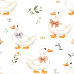 Charming ducks in pastel hues create a whimsical seamless pattern for playful decor and crafts. Seamless pattern. Generative AI