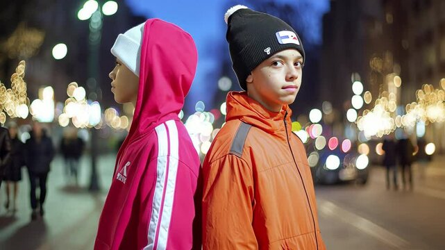 Two young individuals in colorful jackets stand back-to-back in a vibrant city street at night, radiating style and confidence.