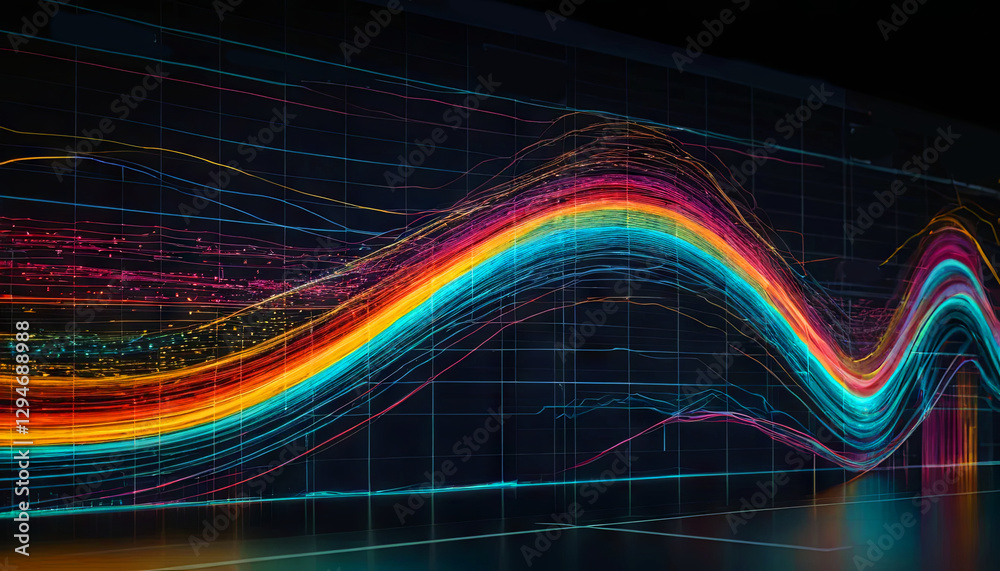 Poster colorful wave patterns represent complex data in a high-tech setting, utilizing bright hues and smoo