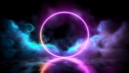 Obraz premium Neon Glowing Circle with Colorful Smoke in Futuristic Abstract Background
