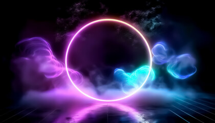 Neon Glowing Circle with Colorful Smoke in Futuristic Abstract Background