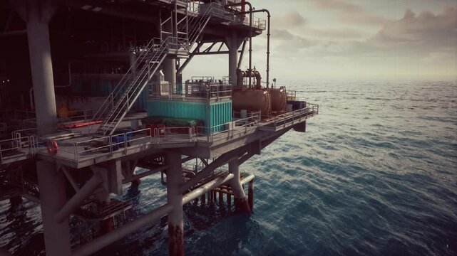 An old oil rig platform towering in the vast expanse of the ocean, extracting resources to fuel energy needs.