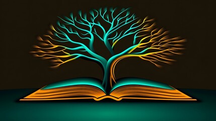 An artistic representation of a glowing tree emerging from an open book, symbolizing knowledge