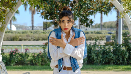 A young, beautiful, brunette business woman in the park looks at the camera with a facial...
