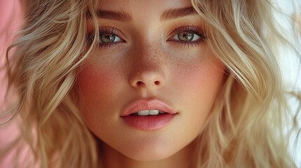 Fototapeta premium Close-up portrait of a woman with blonde hair and freckles. Focus on her eyes, soft lips, and delicate features, creating a serene, natural.