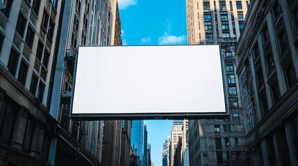 Obraz premium Empty billboard suspended between tall buildings of the city