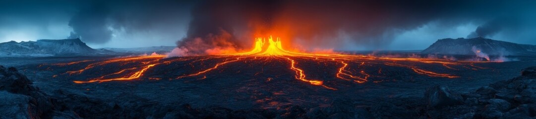 Massive volcanic eruption with lava flowing across the barren land in a panoramic view. Generative AI