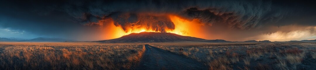 Dark volcanic eruption with molten lava flowing from a mountain surrounded by dark smoke clouds. Generative AI