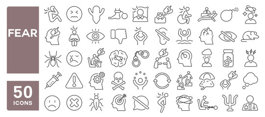 Set of 50 line icons related to fear, afraid, pressure, stress, apathy, anxiety, sadness, upset, depression, disorder, panic, unhappy, dizzy, frustration, Editable stroke. Vector illustration