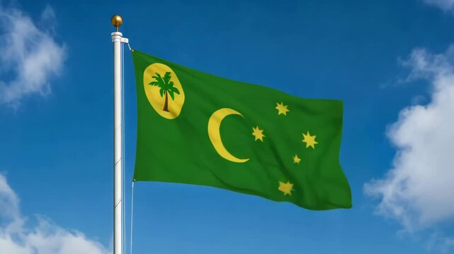 National flag of cocos island waving on the wind, banner on a blue sky