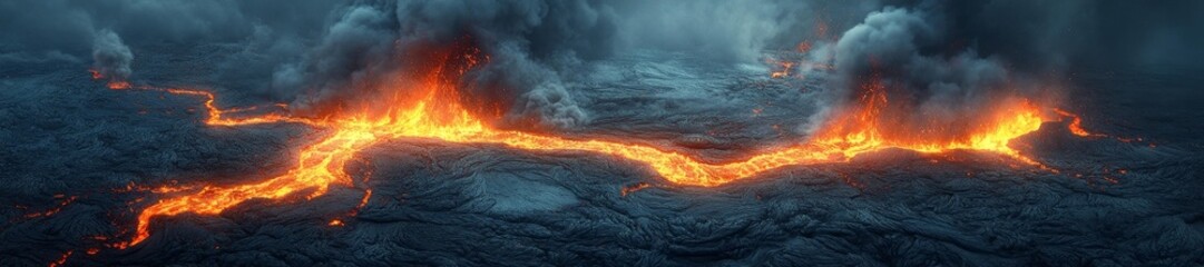 Fototapeta premium Rivers of Lava Flowing Over the Rocky Terrain During Volcanic Eruption. Generative AI