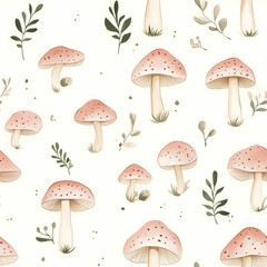 Delicate mushroom pattern with soft colors and subtle greenery creating a whimsical nature-inspired design. Seamless pattern. Generative AI