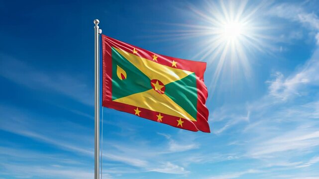 National flag of grenada waving on the wind, banner on a blue sky