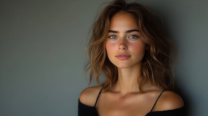 Close-up portrait of a young woman with light brown hair and piercing green eyes. She has a radiant complexion and is posed against a grey wall.