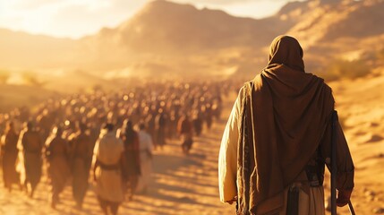A group of people walking in desert. Exodus is the first time that moses has crossed the border. A group of israelites escape from the desert. A crowd of individuals strolling lifestyle through the.