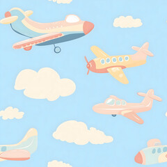 Colorful seamless pattern of whimsical planes soaring through a bright blue sky filled with fluffy clouds. Seamless pattern.Generative AI