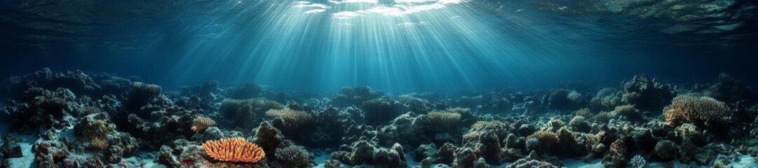 Fototapeta premium Vibrant underwater coral reef with rays of sunlight breaking through the water. Generative AI