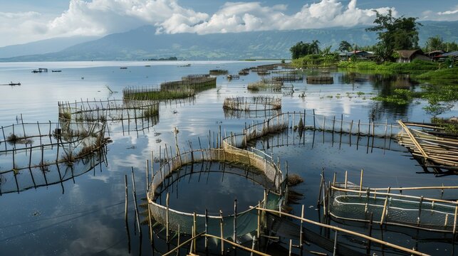 Local farmers in Indonesia use bamboo and net fish cages to farm on Lake Tondano. The lake has been affected by climate change, leading to higher temperatures, pollution, and reduced oxygen levels.