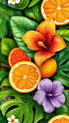 Summer Graphics, Tropical Illustration, Pattern Design, vibrant summer vector pattern with tropical elements and bold colors , Illustration pastel of a vibrant summer vector pattern