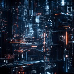 Abstract Futuristic Cityscape Glowing Orange and Blue Lights in a Dark Pixelated Digital Setting