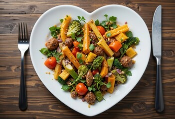 Colorful vegetable and meatball salad served in heart-shaped bowl