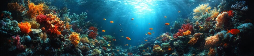 Dazzling Coral Reef Teeming with Tropical Fish and Sunlight Rays. Generative AI