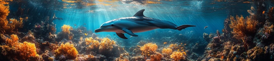 Obraz premium Graceful dolphins swimming in an underwater world of colorful corals. Generative AI