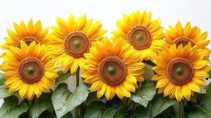 Fototapeta premium A vibrant display of multiple sunflowers with rich yellow petals and brown centers, creating a cheerful and lively atmosphere against a light background.