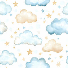 Whimsical clouds and stars seamless pattern perfect for playful designs and creative projects. Seamless pattern. Generative AI