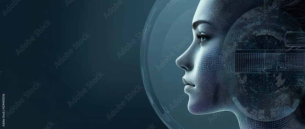 Poster a 3d rendering of an abstract glowing digital profile set against a blue background, incorporating b