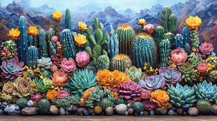 A vibrant and colorful cactus garden filled with various succulents and blooming flowers against a mountainous backdrop.