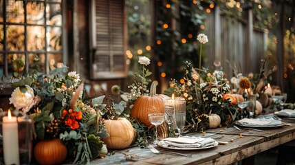 Fototapeta premium Rustic wedding decor features table decorations with natural elements like flowers, ivy, and pumpkins, creating a charming and cozy ambiance.
