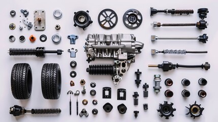 Spare car parts on a white background. Auto mechanics and automotive parts. Engine service with room for text.