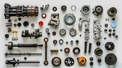 Spare car parts on a white background. Auto mechanics and automotive parts. Engine service with room for text.