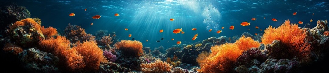 Naklejka premium Underwater Coral Reef with Colorful Fish and Sunlight Streaming Through the Water. Generative AI