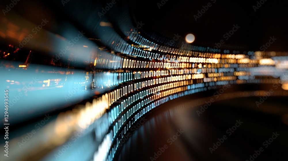 Poster digital data flows on the road in the concept of global cyber communication and coding, creating a g