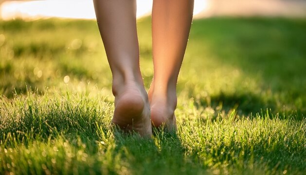 Vista baja de unos pies descalzos sobre el cesped verde