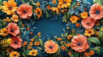 A vibrant floral illustration featuring various colorful flowers such as poppies and daisies against a blue background, perfect for creative projects.
